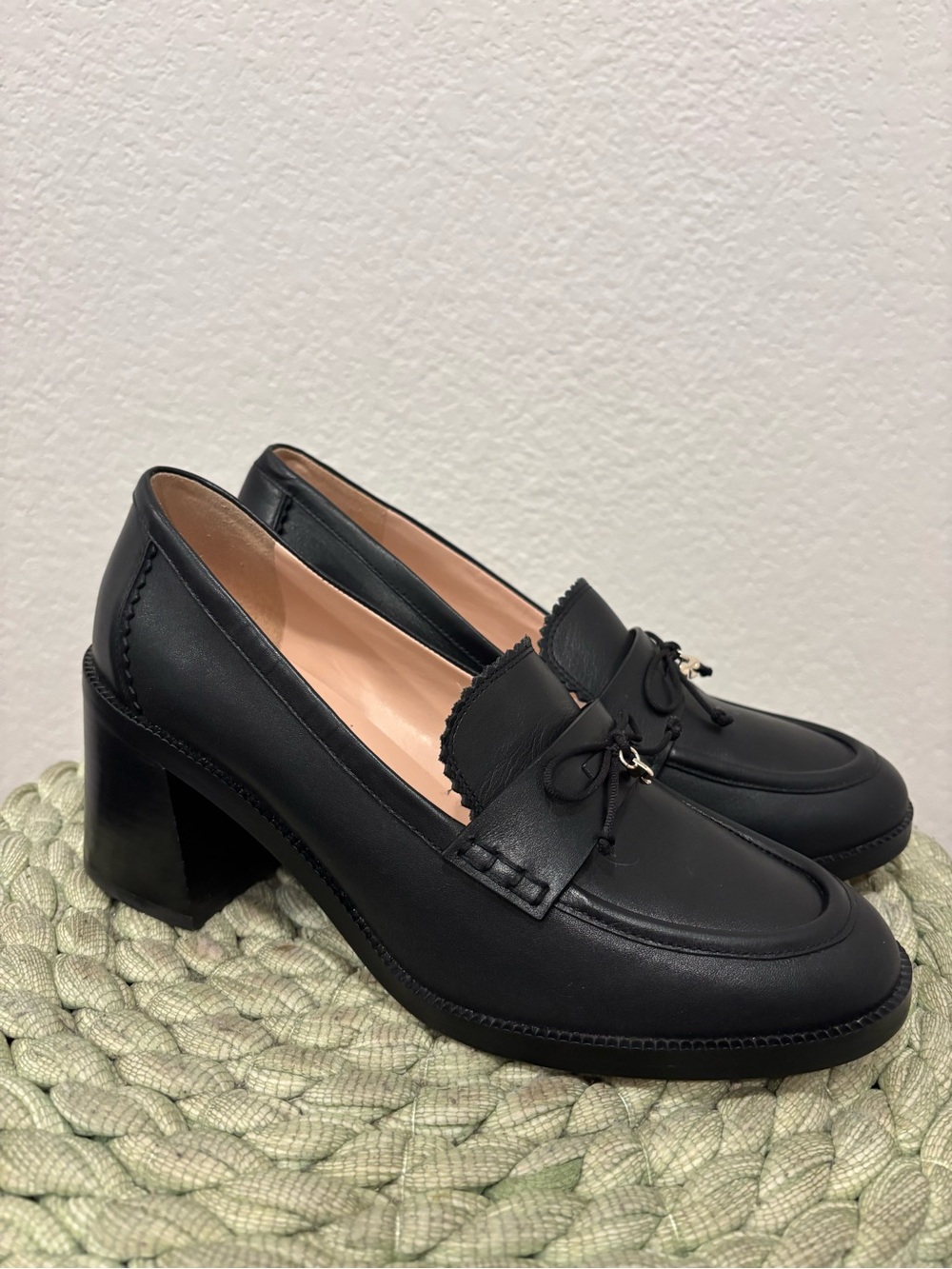 Kate Spade Hattie Black Leather Scalloped Trim Block Heel Chunky Loafers - Picture 3 of 11